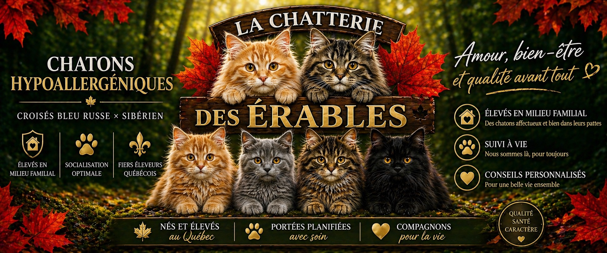 Présentation de La Chatterie des Érables avec six petits chatons